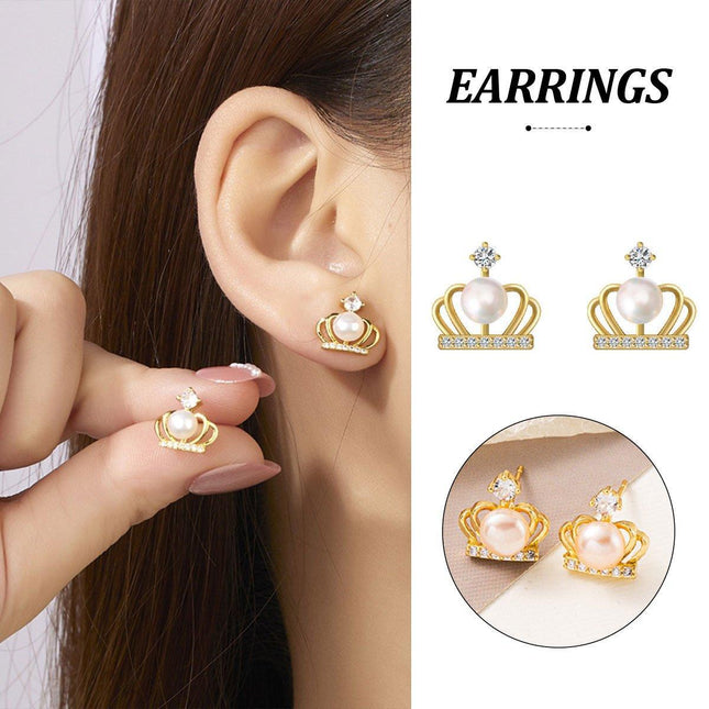 Luxury Crown Imitation Pearl Earrings 5-6mm Needle Studs Elegant Fashion Jewelry