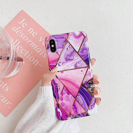 Purple Geometric Marble Case for iPhone 13 12 11 Pro Max XR XS 8 Shockproof Cover Silicone - Aimall