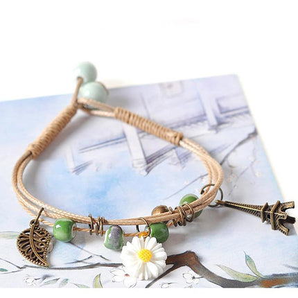 Flower Pendant Waxed Thread Rope Ceramic Beaded Wristband Bracelet Birthday Gift - Aimall