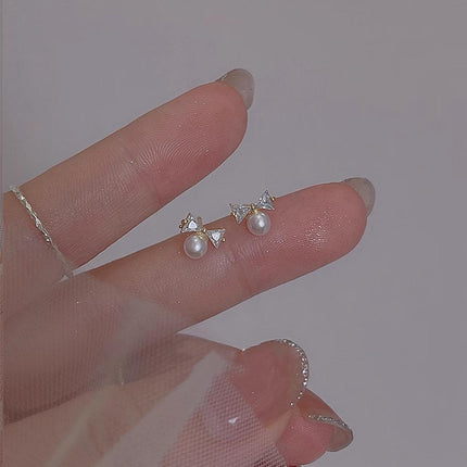 White Zircon Crystal Pearl Bow Tie Stud Earrings Elegant Best Gift for Women - Aimall