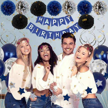 47pcs Blue Birthday Banner Balloon Set Party Decoration Blue Silver Paper Flower
