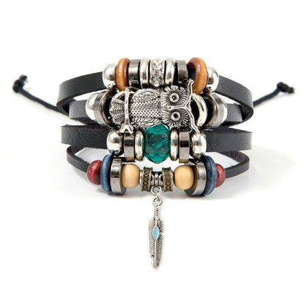 Turquoise Woven Leather Multi Layered Beaded Bracelet with Wood Beads Women