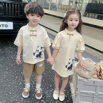Boys Short Sleeve Panda Print Summer Cotton Outfit Casual Two Piece Set