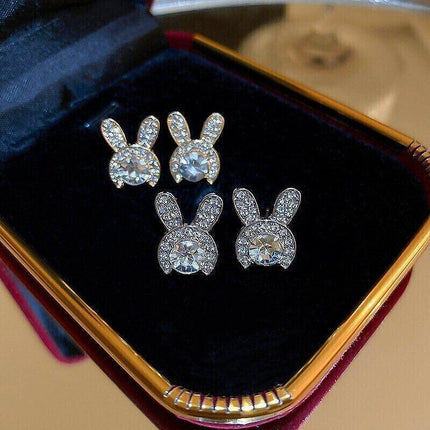 Silver Crystal Rabbit Ear Drop Dangle Earrings Women Fashion Jewelry Girl Gift - Aimall