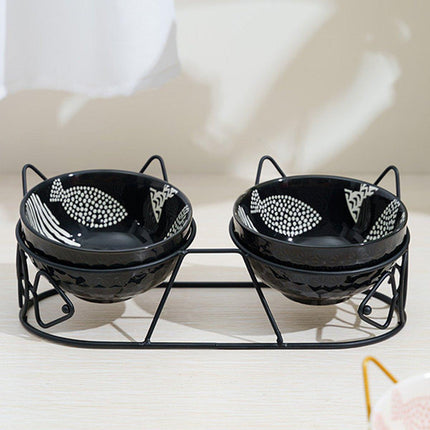 Double Ceramic Anti-Tipping Cat Dog Food and Water Bowl with Spine Fixed Design