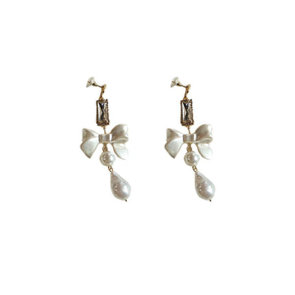 Sweet White Bow Long Earrings for Girls Elegant Fashion Dangle Jewelry Gift