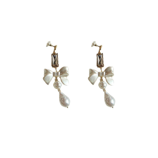 Sweet White Bow Long Earrings for Girls Elegant Fashion Dangle Jewelry Gift