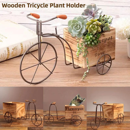 Retro Iron Bicycle Ornament with Wooden Flower Pot Green Plant Holder Decor
