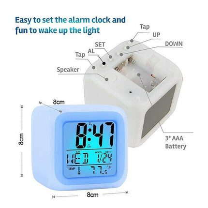 7 Colours Changing Digital Clock Temperature Light Cube Desk Kids Wake Up Alarm - Aimall