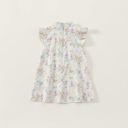 Summer Cheongsam Dresses Girl Stand Collar Flying Sleeves Dresses Rabbit Print