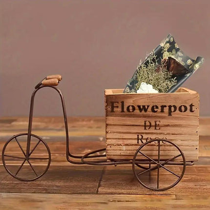 Retro Iron Bicycle Ornament with Wooden Flower Pot Green Plant Holder Decor