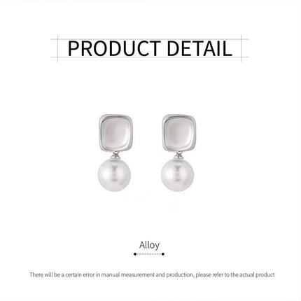 Elegant Smooth Metal Square Imitation Pearl Earrings Simple Jewelry for Women