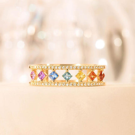 Rainbow Gold Ring Women Fashion Colorful Band Jewelry Gift 6-10 Sizes Ring