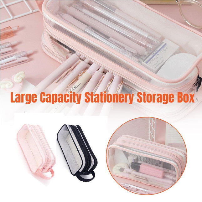 Large Capacity Transparent Mesh Pencil Case School Exam Stationery Bag Boy Girl