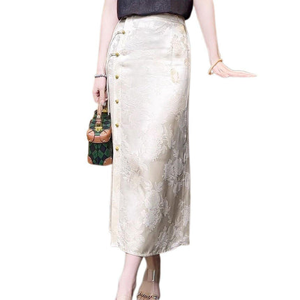 Retro White Cheongsam Style High Waist Slit Skirt for Women