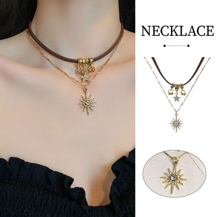 Double Star Sun Pendant Necklace Hip Hop Jewelry Gold Silver Chain