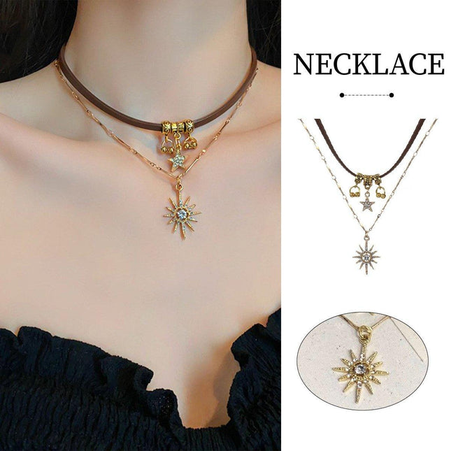 Double Star Sun Pendant Necklace Hip Hop Jewelry Gold Silver Chain