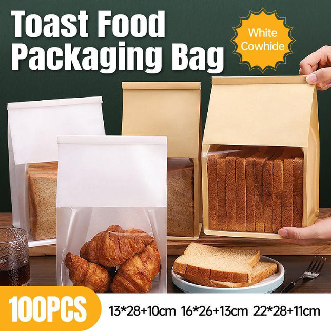 100x Kraft Paper Flat Bottom Cake Packaging Toast Bread Bags With Window Cowhide - Aimall