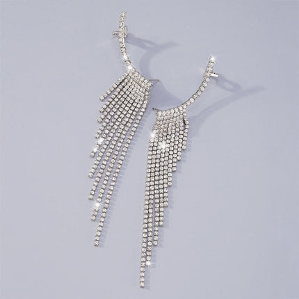 Bling Dangle Drop Tassel Earrings Long Tassel Rhinestone Rhinestone Earrings - Aimall