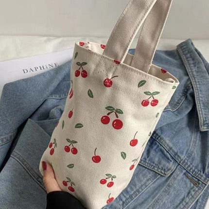 2pcs Cartoon Printed Canvas Bag Cute Casual Handbag Cup Holder Tote Bag Set