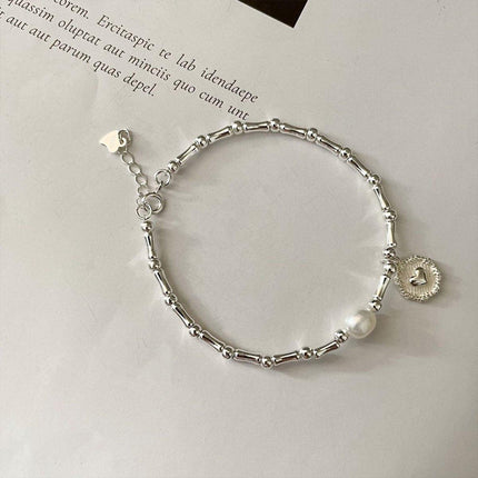 S925 Silver Handmade Bamboo Link Heart and Pearl Pendant Bracelet INS Style Jewelry