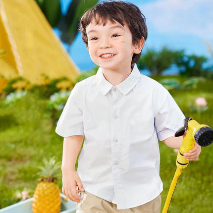 Boys Children's Kids White Short Sleeve School Shirt Open Neck With Lay Back Collar - Aimall