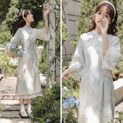 Improved Chinese Style Cheongsam Dress for Women with Inverted Big Sleeves