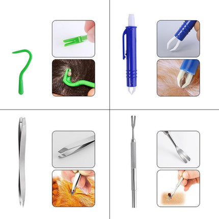 5PCS Pet Flea Tick Removal Tool Set Dog Cat Lice Fork Tweezers Kit Silver Hook