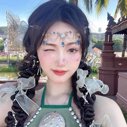 Exotic Sapphire Tassel Headwear Antique Dancer Pendant Hair Accessories Necklace
