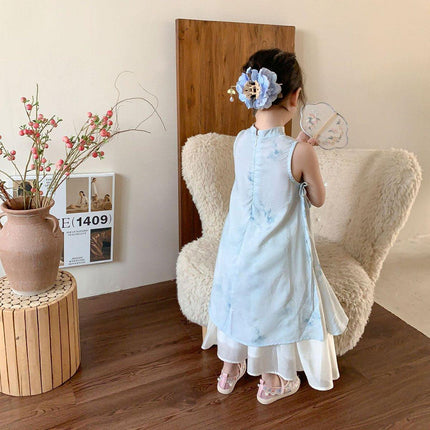 Girls New Chinese Style Cheongsam Dress Set Summer Traditional Outfit