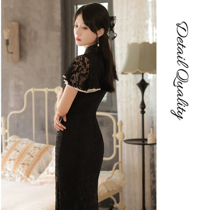 Mid-Length Lace Cheongsam Dress Retro Improved Slim-Fit Chinese Qipao Gown