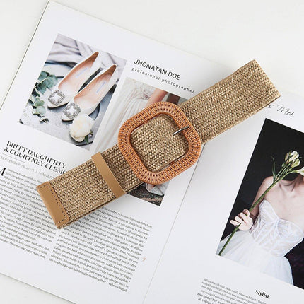 4PCS Womens Woven Cotton Linen Belt Set Round Square Buckle Long Shirt Dress