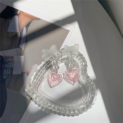Pink Heart Earrings Long Cute Heart Shaped Dangle Jewelry Women Fashion