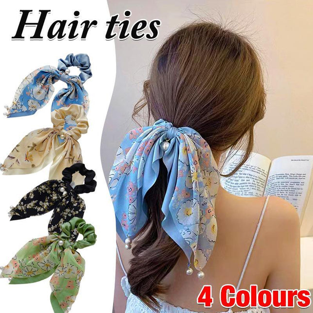 Vintage Boho Silk Bowknot Flower Hair Scrunchies Women Hair Bands Rope Pearl - Aimall