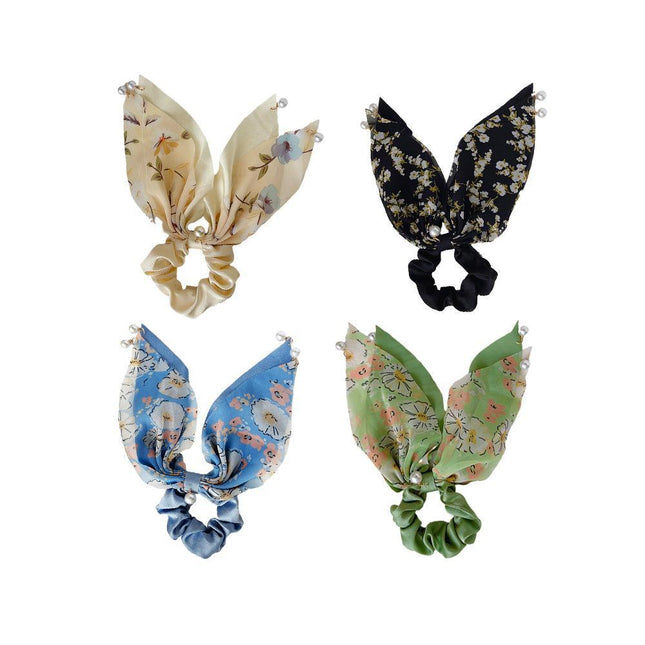 Vintage Boho Silk Bowknot Flower Hair Scrunchies Women Hair Bands Rope Pearl - Aimall