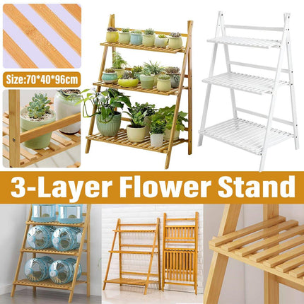 Balcony Plant Stand 3-Layer Wooden Flower Pot Corner Stand White Log Foldable - Aimall