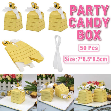 50PCS Bee Party Candy Box Chocolate Box with Ribbon Yellow Gift Boxes