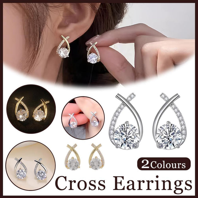 Gold Zircon Crossed Stud Earrings Elegant Simple Earrings For Women Fashion - Aimall