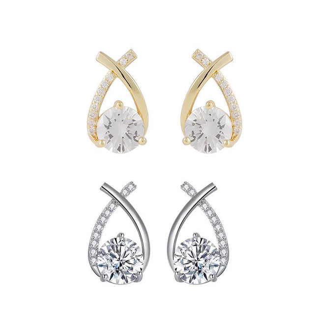 Gold Zircon Crossed Stud Earrings Elegant Simple Earrings For Women Fashion - Aimall