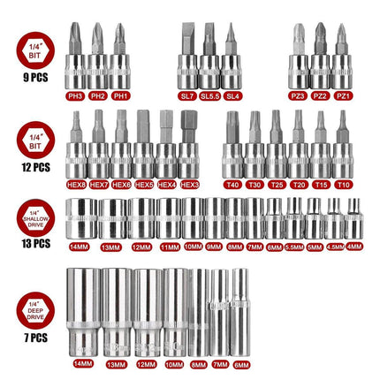 53PCS Metric Deep Socket Set 1/4" Drive Wrench with Flexible Extension Bar Tools