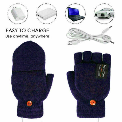 Winter Electric Rechargeable Mitten Heated Gloves Half Finger W/Hat USB Knitted - Aimall