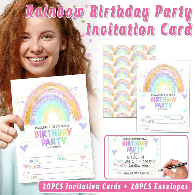 20PCS Rainbow Party Invitation Cards With Envelopes Birthday Theme Colourful Set