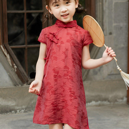 Summer Cotton Cheongsam Dress Girls Retro Solid Color Fashion Solid Color Dress - Aimall