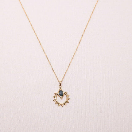 Natural Blue Stone Pendant Necklace Vintage Carved Geometric Jewelry Gift
