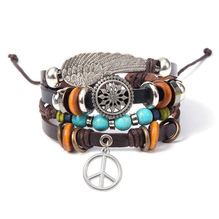Turquoise Woven Leather Multi Layered Beaded Bracelet with Wood Beads Women