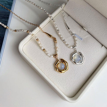 Vintage Moonstone and Pearl Necklace with Chain Fashion Jewelry Women and Girls