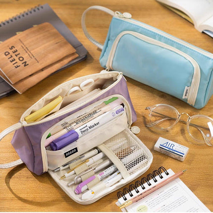 Large Capacity Twill Pencil Bag Multi Layer Stationery Storage Simple Colour