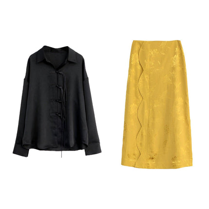 Luxury Women Jacquard Suit Chinese Style Black Shirt Fashion Skirt Set Elegant - Aimall