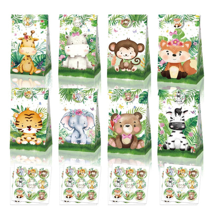 24x Jungle Animal Kraft Paper Bags Set Vibrant Designs Party Favors 4 Styles