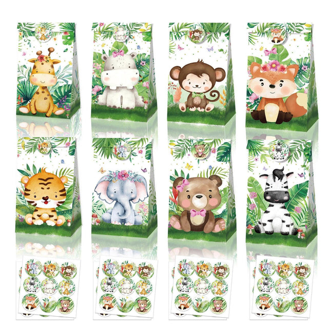 24x Jungle Animal Kraft Paper Bags Set Vibrant Designs Party Favors 4 Styles